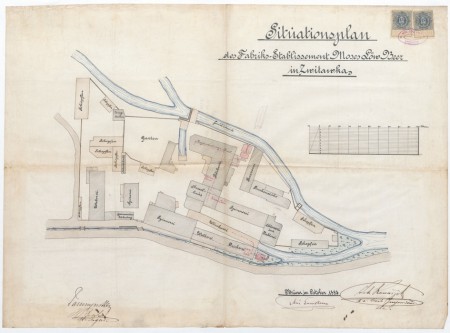 Plán areálu textilní továrny ve Svitávce z roku 1883 